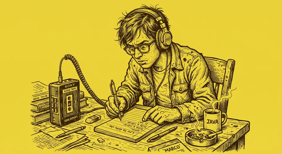 Illustrazione: un ragazzo con le cuffie trascrive a mano una cassetta del walkman