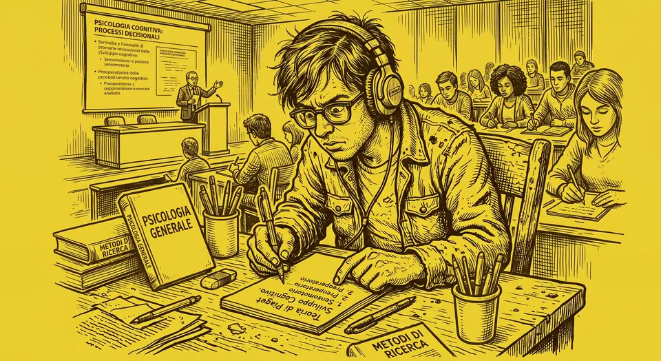 Illustrazione: uno studente con le cuffie sbobina una lezione in aula