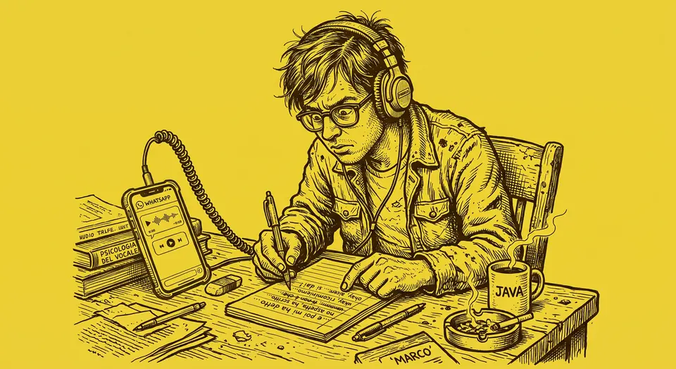 Illustrazione: un ragazzo con le cuffie trascrive a mano un vocale WhatsApp dal telefono