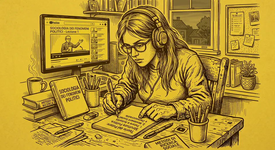 Illustrazione: una studentessa prende appunti da una lezione su YouTube